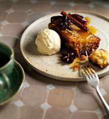 Date, orange and olive oil cake with salted white chocolate ice cream (Shane Delia)