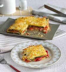 Lasaña de calabacines y pimientos con paté de berenjenas