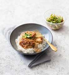 Chicken in peanut sauce with chilli-cucumber salad