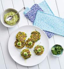Corn and coriander fritters with avocado tahini