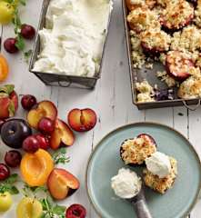 Ameixas e alperces grelhados com crumble e gelado de lima