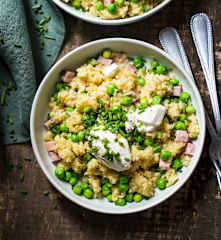 Risotto de boulgour aux petits pois, ricotta et jambon
