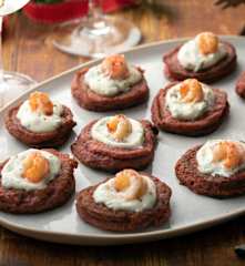 Gluten-free Beetroot Blinis with Horseradish Cream and Crayfish