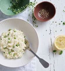 Risotto de bacalao y chícharos con menta