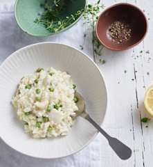 Risotto de bacalao y guisantes con menta