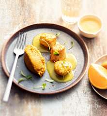 Poêlée de saint-jacques, purée de patate douce épicée et beurre d'orange