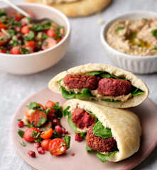 Beetroot Harissa Falafel with Tomato Pomegranate Salad