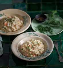 Risoto de salmão fumado e alho-francês