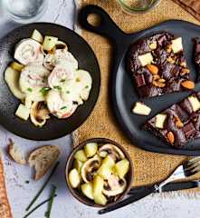 Ballotine de poulet, pommes de terre vapeur et brownie aux fruits secs