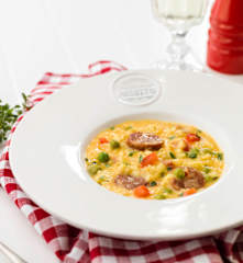 Risoto de ervilhas e chouriço