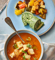 Bread and Tomato Soup, Rolled Spinach Omelette and Steamed Ratatouille Vegetables