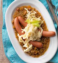 Linsen mit Spätzle und Wienerli