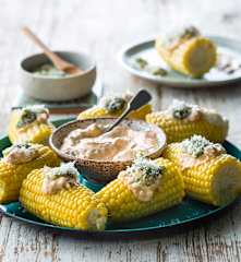 Steamed corn with chipotle mayonnaise and coriander salsa