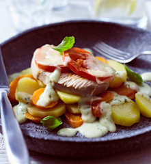 Putenmedaillons mit Mozzarella und Basilikumsauce