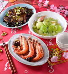 蔥燒鯽魚、百合芥菜&花雕醉蝦