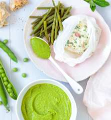 Colin, haricots verts et purée de petits pois à la menthe
