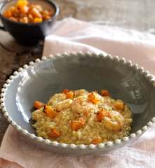Risoto de abóbora, caril e camarão