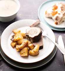 Menù: Zuppa di patate e funghi; vitello ripieno con patate al forno e verdure, tiramisù al mandarino