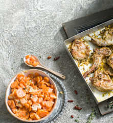 Conejo asado al chimichurri con guarnición de zanahorias