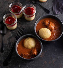 Beef Goulash with Bread Dumplings; Individual Cheesecakes
