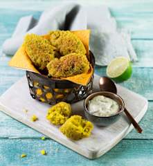 Erdäpfel Pakoras mit Limetten-Koriander-Mayonnaise