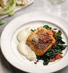 Crispy Hake with Sous-vide Cauliflower Purée and Pancetta Crisps