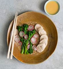 Poached chicken with liquid stock