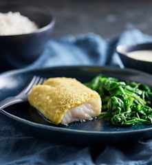 Cod in Herb Crust, Rice and Lemon Sauce
