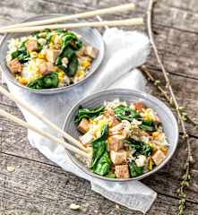 Riz aux légumes et tofu fumé