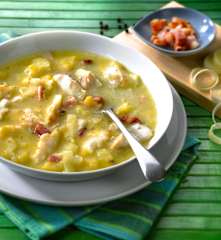 Zuppa di merluzzo con pancetta croccante e porri