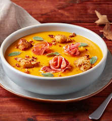 Maple Sweet Potato Soup with Parmesan Croutons