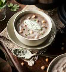 Velouté de champignons, pois chiches et fromage de chèvre