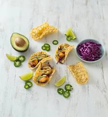 Prawn tacos with avocado lime sauce