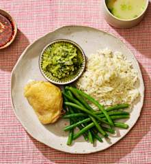 Chicken, Rice and Green Beans with Ginger and Spring Onion Oil