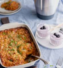 Menú: Pasta de atún gratinada. Mousse de zarzamora.