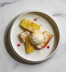 Butter Mochi with Pineapple Sherbet (Matthew Kenney)