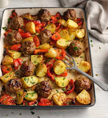 Roasted Meatballs and Spicy Potatoes