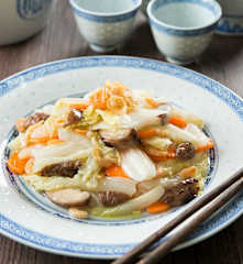 Kai yang bai cai (braised cabbage with mushrooms)