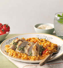Risotto de tomates et poitrine de poulet farcie à la ricotta et au citron