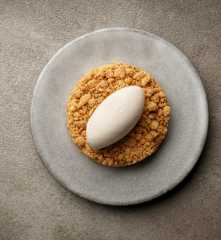 Baked Quince Crumble with Meadowsweet Ice Cream