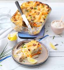 Lasagne au merlu, légumes et champignons