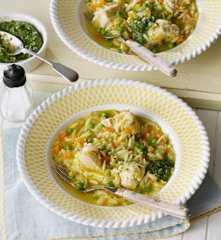 Orzo pasta with chicken and pesto