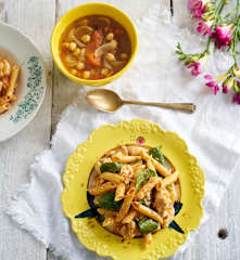 Penne guisado com frango & sopa de tomate e grão