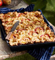 Apfel-Pflaumen-Kuchen mit Pudding und Streuseln