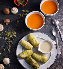 Creamy Tomato Soup; Millet-stuffed Cabbage Rolls with Mushroom Sauce