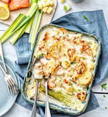 Gratin de poireau, panais et saumon