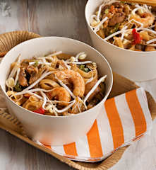 Noodles de pollo y langostinos