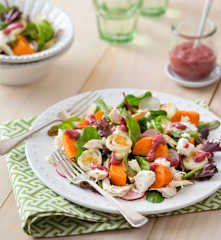 Shredded chicken and sweet potato salad with cranberry dressing