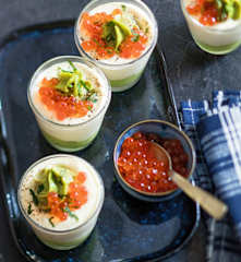 Tiramisu, avocat et œufs de saumon