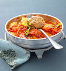 Potato, Tomato and Kofta Gratin with Pepper Sauce